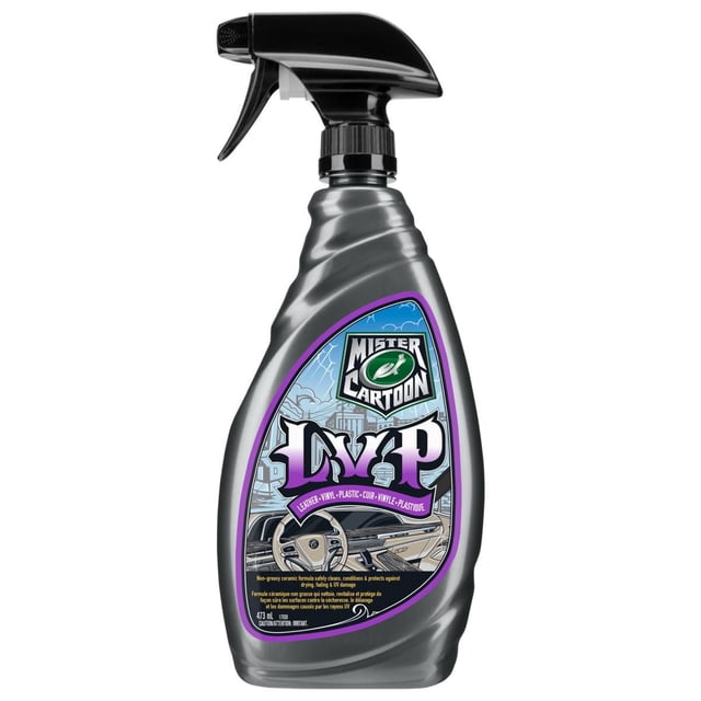 Turtle Wax Mister Cartoon - Leather. Vinyl. Plastic. Interior Cleaner & Protectant in a grey spray bottle with black trigger, featuring the Mister Cartoon logo and LVP branding, designed for auto detailing to clean, condition, and protect car interior leather, vinyl, and plastic surfaces.