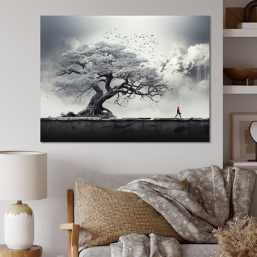Designart Art Mural Arbre Monochrome, Silhouette d'Arbre Monochrome Euphony I, Grande Déco Murale Arbre Monochrome, Toile Traditionnelle Grise Art Mural, 40x30 Pouces