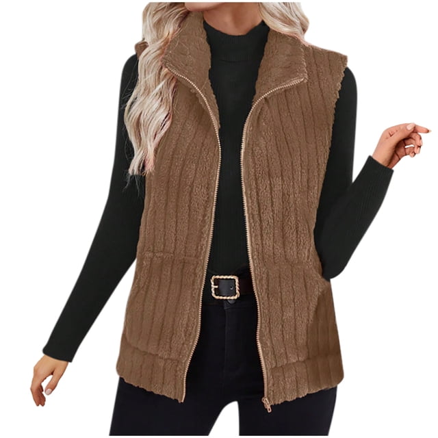 Dagegui Veste Sans Manches en Molleton pour Femmes, Décontractée, Chaude, à Fermeture Éclair, Veste Sherpa avec Poches pour L'Automne et l'Hiver, Café L