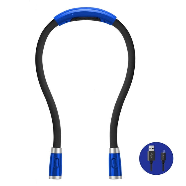 LED Neck Reading Light, a hands-free book light in black and blue, ideal for reading in bed, knitting, or camping. Features bendable arms, 4 LEDs with 4 brightness modes, a rechargeable 750mAh lithium battery, and a soft padded neckband for comfort. Includes a USB charging cable.