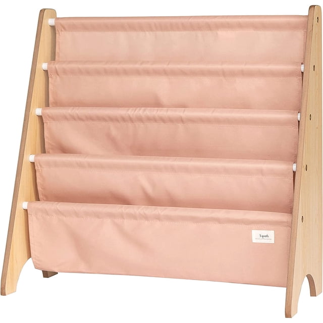 3 Sprouts Recycled Fabric Kids Book Rack Storage Bookshelf Organizer in Clay for Ages 3+. A front-facing view of a 4-pocket book rack with clay-coloured fabric and a natural wood frame, designed to organize books, magazines, or board books in kids' rooms or reading nooks.