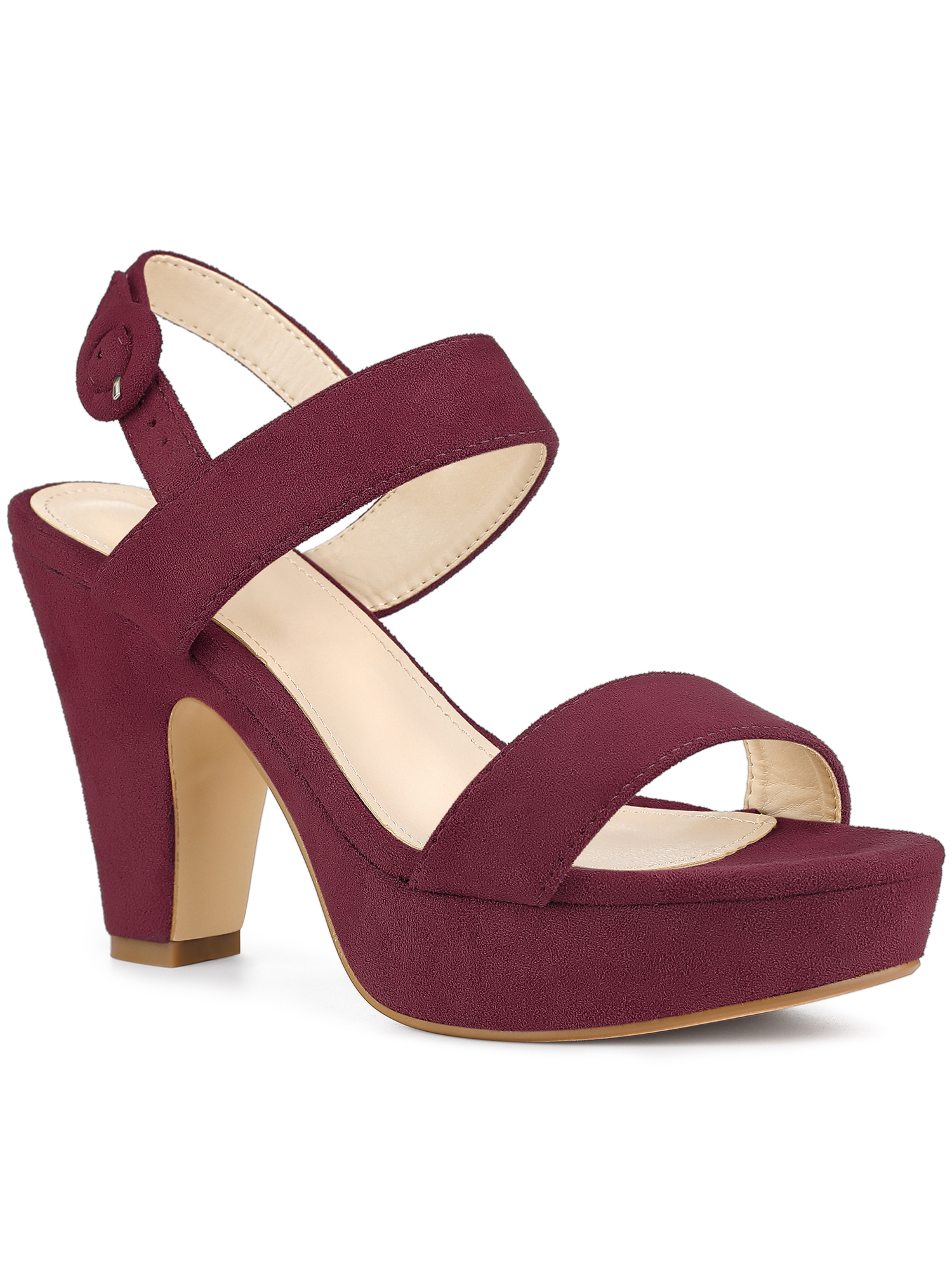BLISSFUL STEP Women Platform Slingback Block Heeled Sandals Burgundy 8.5