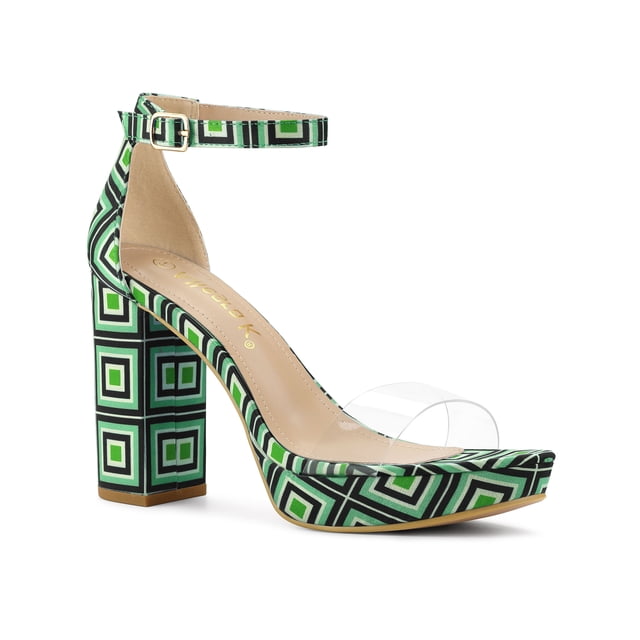 BLISSFUL STEP Women's Printed Clear Platform Block Heels Sandals Green 10