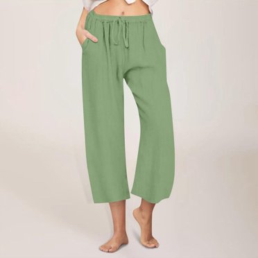 Weiqiqre Linen Pants Women High Waisted Wide Leg Capri Elastic Waist Casual Beach Flowy Cropped Summer Capris Pants