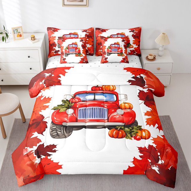 Ensemble de Couette Très Grand Récolte d'Automne, 7 Pcs en Microfibre Douce avec Feuilles d'Érable Rouges, Couettes Style Ferme pour Voiture avec Drap-Housse, Drap Plat, Couvre-Oreillers et Taies d'Oreiller - Ensembles de Literie Citrouille de l'Action de Grâce