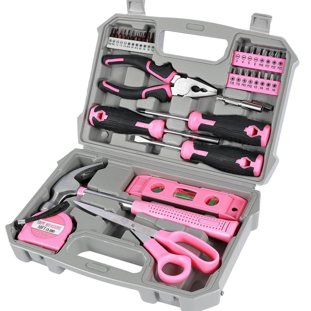 JUNWELL Ensemble d'Outils à Main pour la Maison Trousse d'Outils de Réparation pour la Maison en Rose, Comprenant 37 Pcs Incluant un Marteau Griffe, des Tournevis, une Pince à Fil, une Règle de Niveau, des Ciseaux et un Ruban à Mesurer. Fabriqué en Acier au chrome et au vanadium durable, les Outils Sont Organisés dans un Étui de Rangement compact Gris avec accents Roses. Idéal pour les Réparations à la Maison et au Bureau.