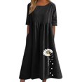 thumbnail image 2 of Meichang Robes en Coton et Lin pour Femmes Décontractées d'Été Grande Taille à Imprimé Floral Robes Midi à Manches Courtes à Encolure Dégagée Robes Plissées Décontractées de Travail avec Poches Noir TTTTG, 2 of 5