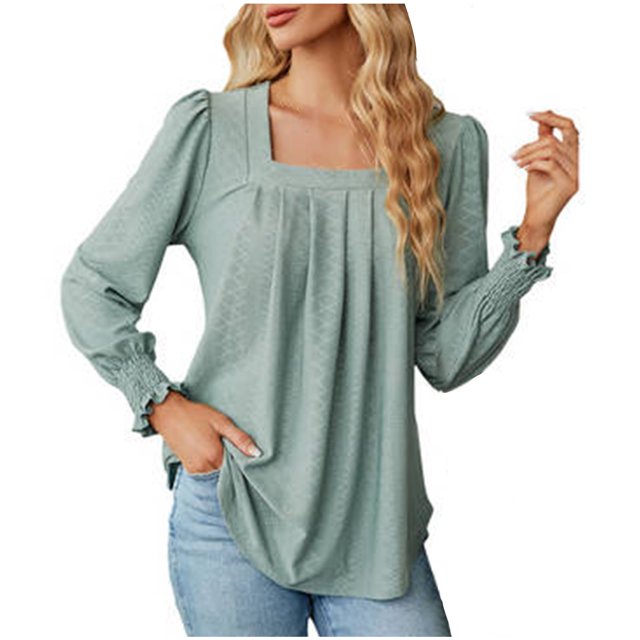 Besolor Hauts à Encolure Carrée pour Femmes Blouse à Manches Longues Bouffantes de Printemps Tunique Plissée Décontractée Chic Automne 2024 Vert