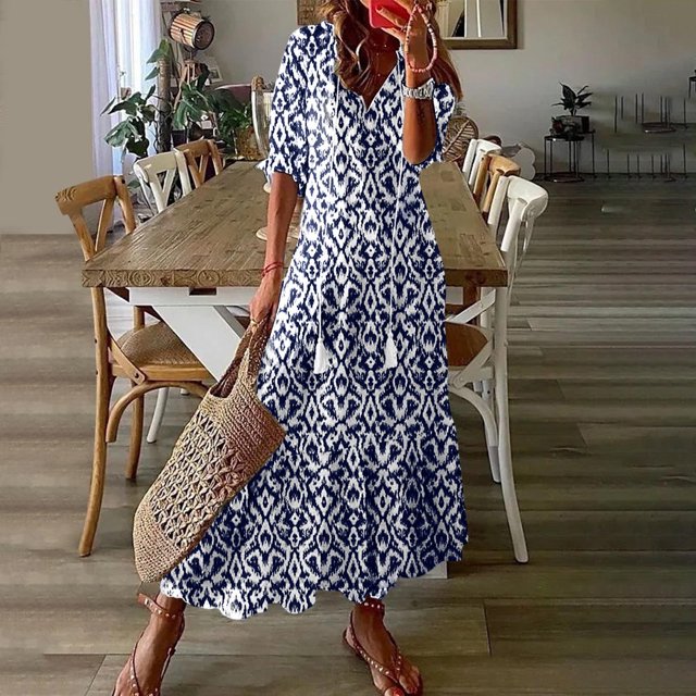 FcBaudy Robes d'Été pour Femmes, Robes pour Femmes, Jupe pour Femmes Robe Décontractée à la Mode pour Femmes Printemps/été à Col en V à Manches Courtes Imprimée Jupe pour Dames