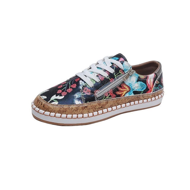 Summer Ladies Shoes Lace-up Zipper Design Colorful Printed Platform Casual Sneakers