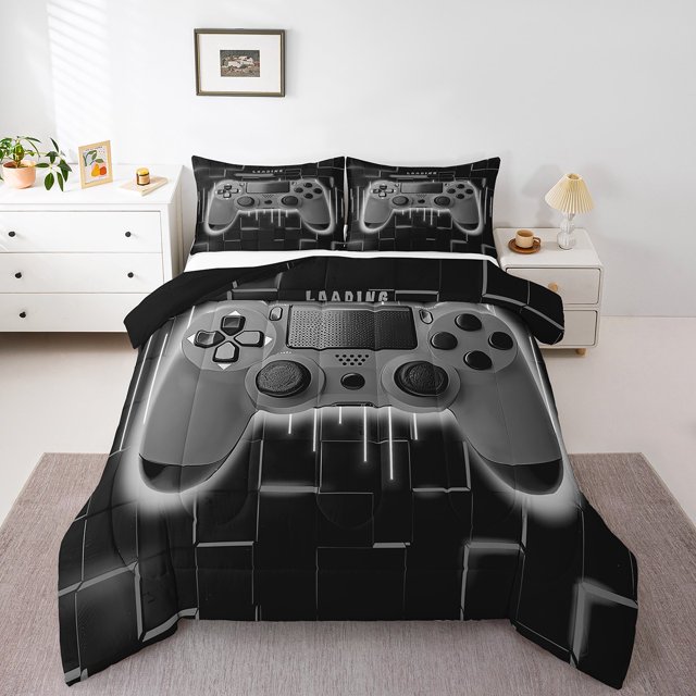 Grey Gaming Kids Queen Comforter Set - Gamer Comforter Boys Queen Size Bedding Set, Neon Lights Abstract Geometry Design Gamer Room Decor