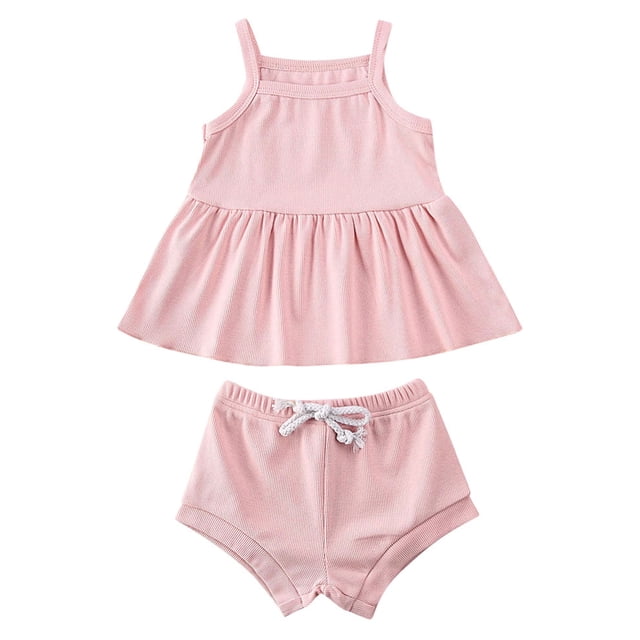 Xingqing 2PCS Infant Baby Girl Sleeveless Square Neck Plain Dress Solid Color Shorts