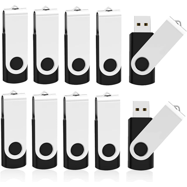A set of 10 Mathiso 2GB USB flash drives with black and white swivel covers, designed for storage and backup. Each drive features a 360-degree rotating metal cover, a frosted finish to prevent fingerprints, and a hole for attaching lanyards or keychains. These USB 2.0 drives are compatible with Windows, Linux, and Mac OS, offering plug-and-play functionality with read speeds of 15-20 Mbps and write speeds of approximately 10 Mbps. Suitable for use with laptops, tablets, gaming consoles, car audio systems, and other USB-enabled devices.