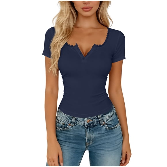 Ziynglg Boho Tops for Women Stretch Slim High Low V Neck Shirts Summer Solid Color Work Office Blouses Lace Trim Tops