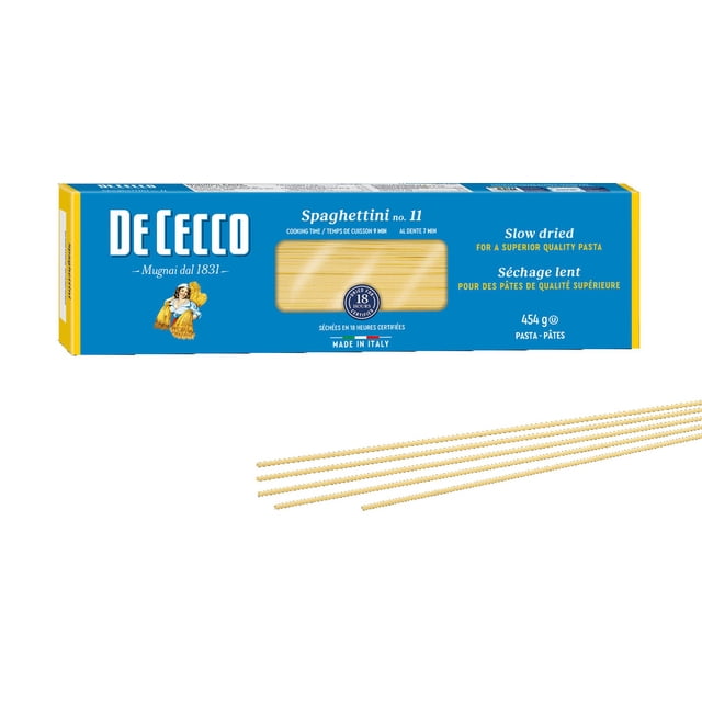 DECECCO SPAGHETTINI dry pasta in blue and yellow box with a clear window showing thin bronze-drawn strands. The packaging highlights slow drying for superior quality, 9-minute cooking time, 454 g weight, and made in Italy, often used for delicate pasta dishes.