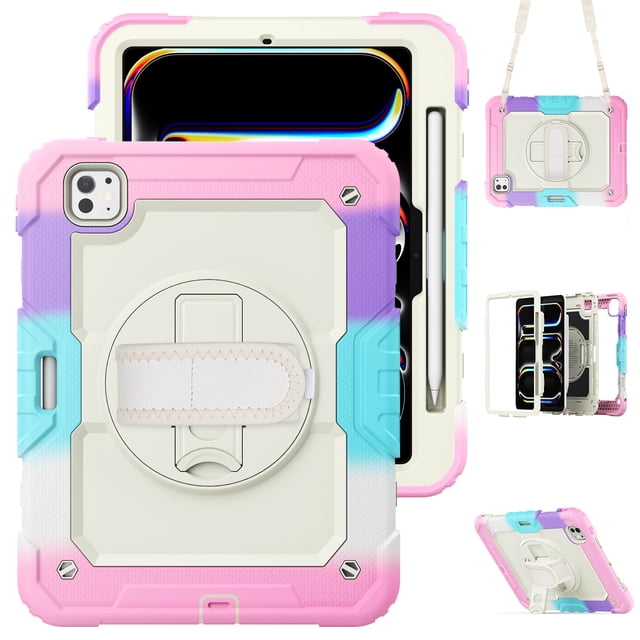 XYX For iPad Pro 11 inch Case 2024 (M4), 360 Rotating Shockproof Cover with Stand, Screen Protector, Shoulder Strap, Rainbow Pink