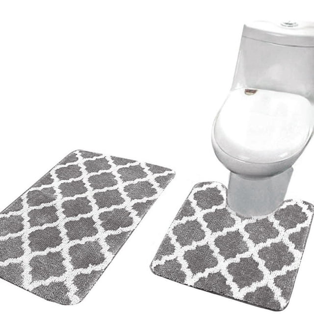 Dvkptbk Bath Mats for Bathroom, Non Slip Bath Rug 2Pc Bathroom Rugs Combo in grey with a white geometric pattern. Includes a pedestal rug and a lid toilet cover, made of soft flannel fabric with a dispensing bottom for slip resistance and water absorbency. Ideal for bathroom decor, dorms, RVs, and home offices.