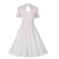 thumbnail image 3 of QUYUON Robe Blanche de Collation des Grades pour Femme Élégante Formelle à Col Rond en Dentelle Florale à Manches Courtes Robe de Cocktail devant Ajouré Soirée Fête Invitée de Mariage Robe Évasée Ligne A, Blanc G, 3 of 9