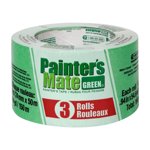 Painter's Mate Green® Ruban pour Peintre, Lot de Trois Rouleaux, Chaque Rouleau Mesurant 0,94 Pouce de Large par 54,6 yards de long, Comprenant un Adhésif Résistant aux UV et du Papier de Qualité Supérieure pour un Retrait Propre jusqu'à Huit Jours, Convient aux Murs Peints, aux Menuiseries, au Verre, au Métal et aux surfaces en Vinyle.