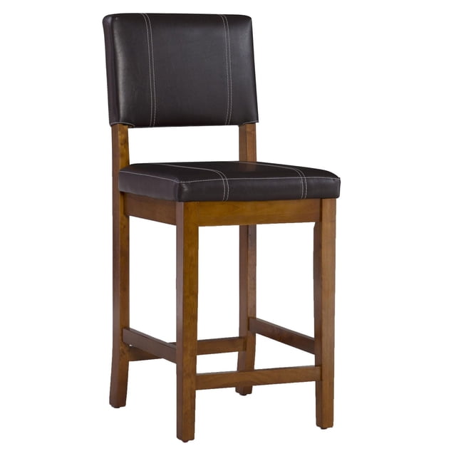 Augusta Brown Counter Stool centered front view with solid hardwood frame and rich walnut-stained legs, padded deep brown faux leather seat and back accented by vertical double-needle baseball stitching, metal foot rails for support and comfortable thick padding, suited for 35"–39" counter heights and often used as extra bar or kitchen seating.
