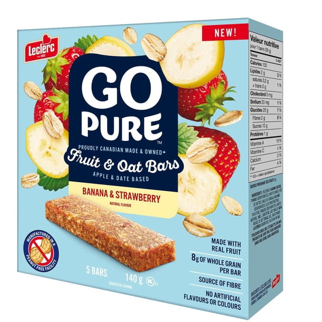 Go Pure Barres aux Fruits et à l'Avoine à la Banane et à la Fraise Boîte Contenant Cinq Barres Pesant 140 g, Montrant des images de Fruits Banane et Fraise avec des Flocons d'Avoine sur un Fond Bleu Pâle, Faites avec de Vrais Fruits, 8 g de Grains Entiers par Barre, source de Fibres, Certifiées Sans Arachides, Sans Arômes Ni Colorants Artificiels, Convient pour une Collation Santé Ou une Boîte à lunch.