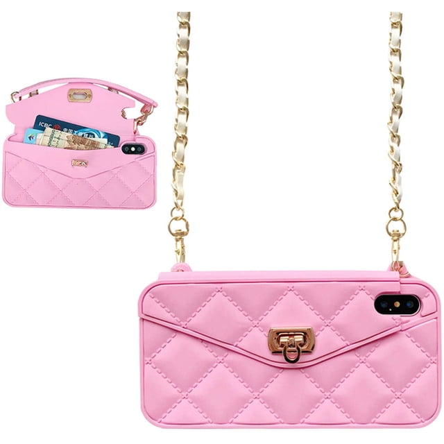 Wallet Case Compatible with iPhone, Pretty Luxury Bag Design, Purse Flip Card Pouch Cover Soft Silicone Case with Hand Holder Long Shoulder Strap(Pink,iPhone XS max)