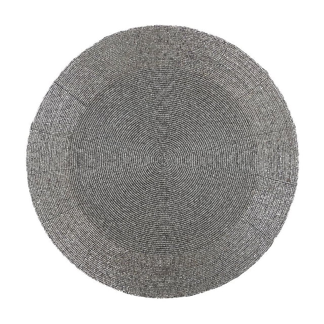 Christmas Beaded Round Placemat Silver - Set of 4, a 13-inch diameter round placemat made of silver glass beads with a textured, shiny surface that protects dining tables from stains and scratches, also ideal for use on side or coffee tables.