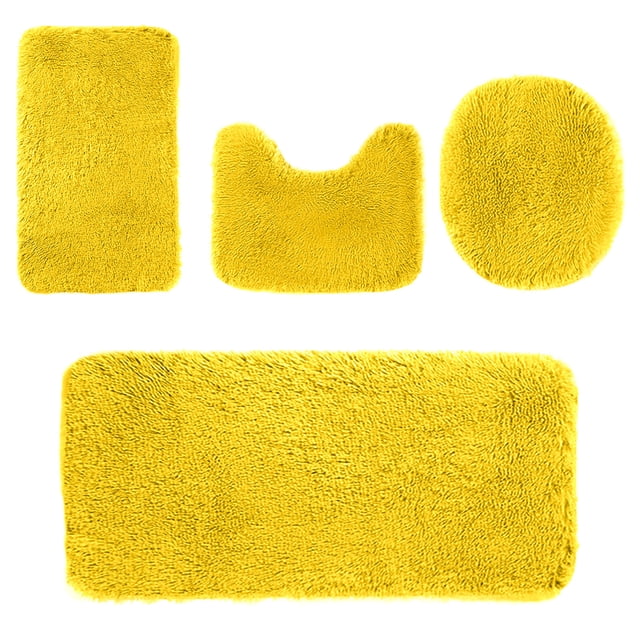 yulier 4 Piece Bathroom Rug Set, Ultra Soft Plush Shaggy Bath Mat Set, Non-Slip Absorbent Toilet Bath Carpet Mat U Shaped Toilet Rug Oval Toilet Lid Cover, Machine Washable (Yellow)