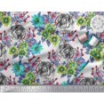 thumbnail image 3 of Soimoi Green Japan Crepe Satin Fabric Tiger Face,Leaves & Floral Print Sewing Fabric BTY 42 Inch Wide, 3 of 3