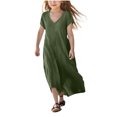 thumbnail image 1 of Mgmyaa Robe Fille Enfants Été Manches Courtes Col en V Chandail Longue Robe Plage Évasée Robe Décontractée, 1 of 5