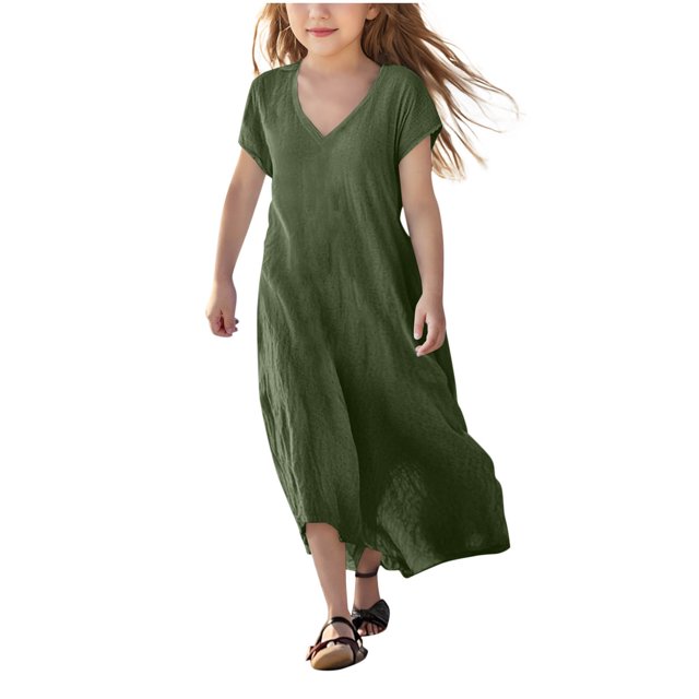 Mgmyaa Robe Fille Enfants Été Manches Courtes Col en V Chandail Longue Robe Plage Évasée Robe Décontractée