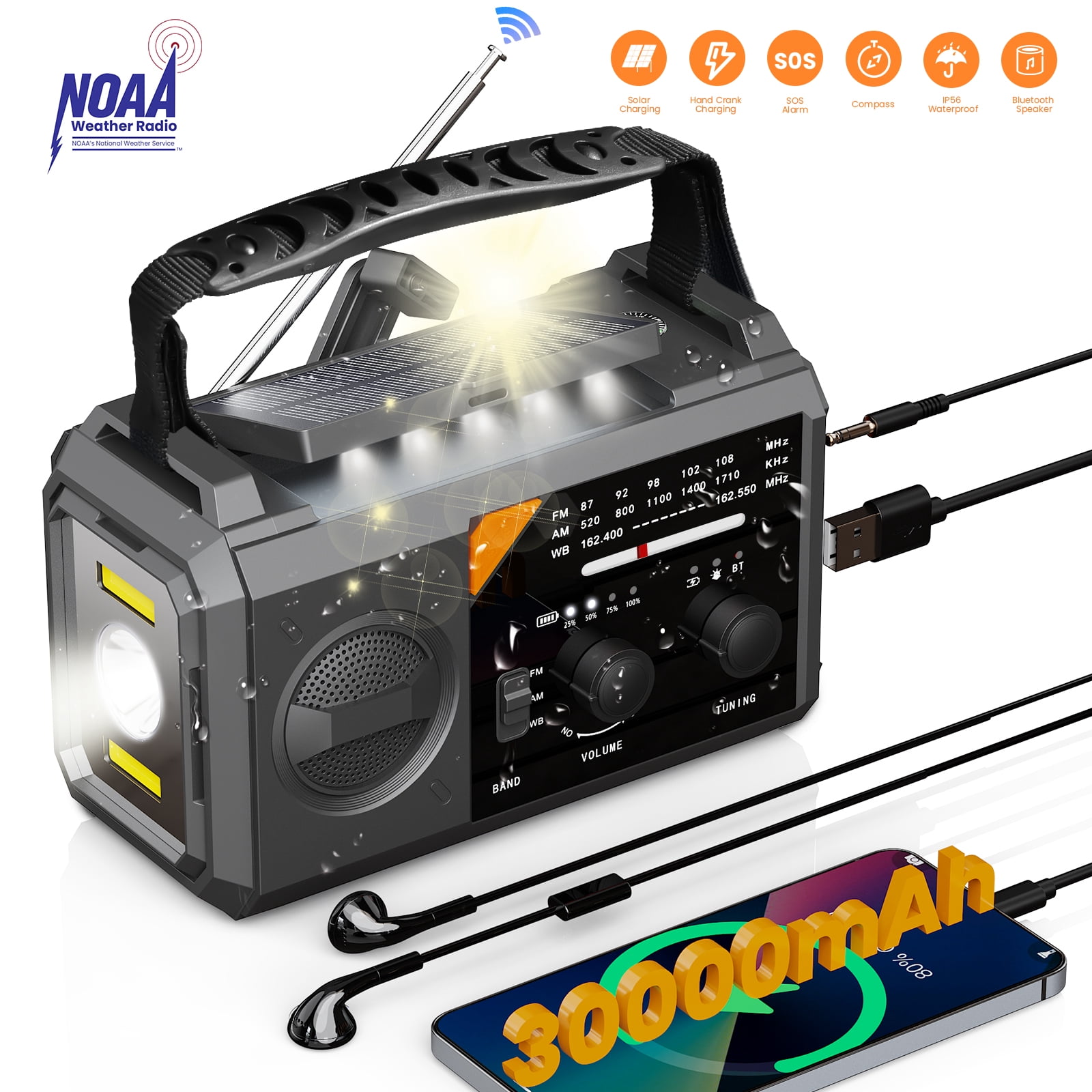 AUOSHI 30000mAh Weather Radio, NOAA/AM/FM Emergency Radio with USB/Solar/Hand Crank Charging, Flashlight, SOS Alarm, Compass, Battery Operated for Hurricane Preparedness, Gray