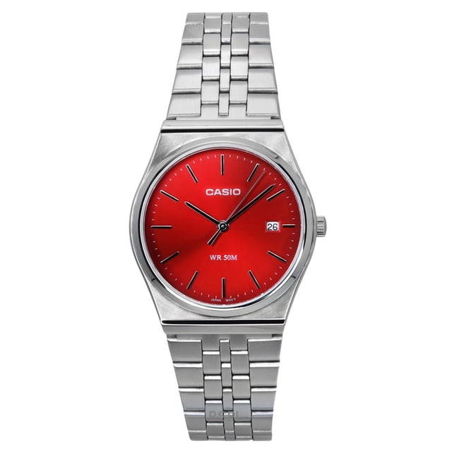 Casio Standard Analog Stainless Steel Red Dial Quartz MTP-B145D-4A2V Unisex Watch featuring a bold red dial with minimalist hour markers and a date display at 3 o'clock. The stainless steel case and bracelet provide durability and a sleek, modern look. Designed with a 35mm case size and mineral crystal for added protection, this watch is suitable for both casual and formal occasions.