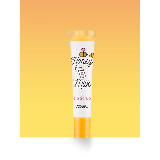 APIEU Honey & Milk Lip Scrub 8ml tube with white body and yellow cap, featuring bee and milk bottle illustrations. This gentle lip exfoliating treatment uses fine sugar granules with honey and milk extracts to soften and nourish lips, improving texture and hydration.