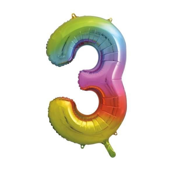 Rainbow Foil Balloon, Number 3 Shaped, 34 inches, featuring a shiny foil surface with a gradient of green, blue, purple, red, and yellow colors, designed for party supplies and milestone birthday celebrations, with self-sealing tabs and reusable material.