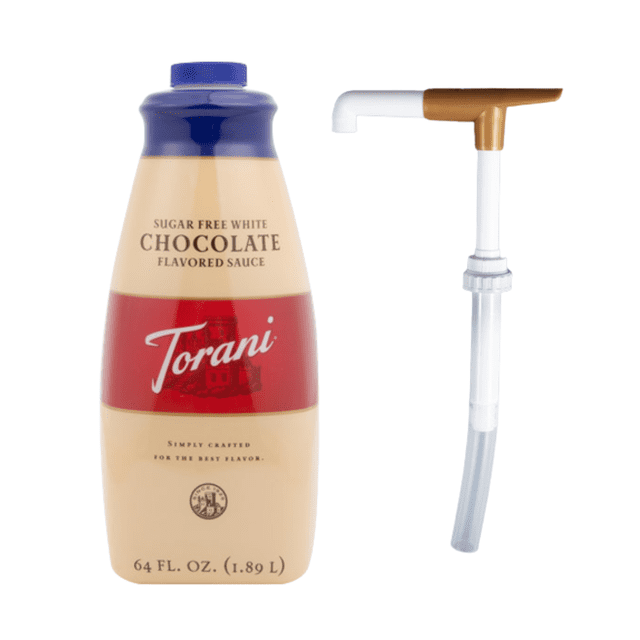 Torani Sugar-Free White Chocolate Flavoring Sauce, 64 fl. oz. bottle, shown with a bonus squeeze pump. The bottle features a beige body with a red label and blue cap, designed for easy pouring and precise drizzling. Ideal for enhancing desserts, beverages, and other culinary creations with a sugar-free white chocolate flavor.