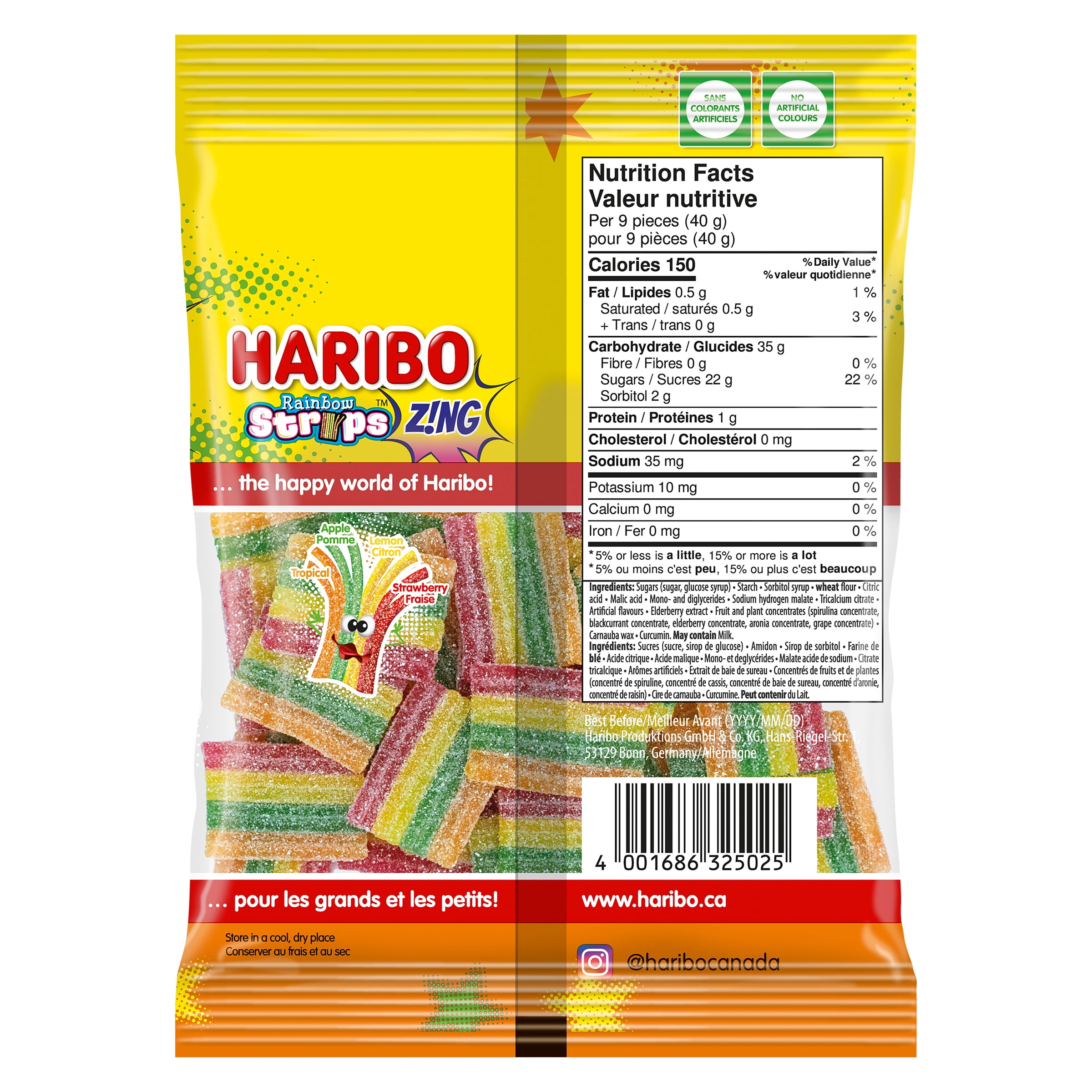 Bonbons gélifiés acidulés Bandes arc-en-ciel Z!NG Haribo 170g, sans colorants artificiels