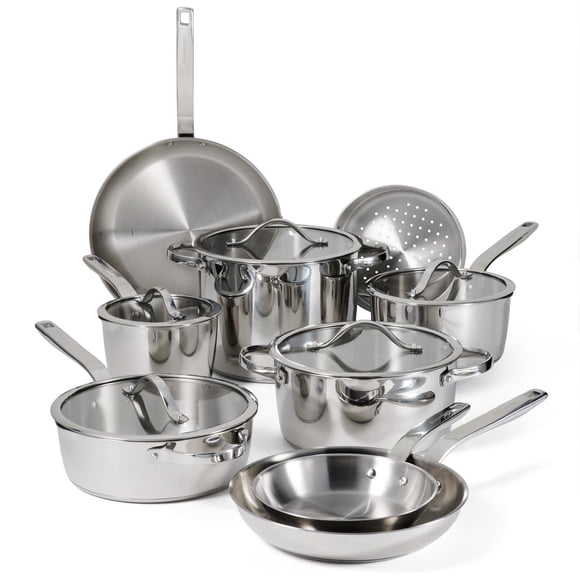 Tramontina Tempo Batterie de Cuisine en Acier Inoxydable à Base Tri-Plis 14 Pcs avec Couvercles en Verre, Ensemble de Casseroles et Poêles pour la Cuisine, Compatible Induction, Compatible Four, Compatible Lave-Vaisselle