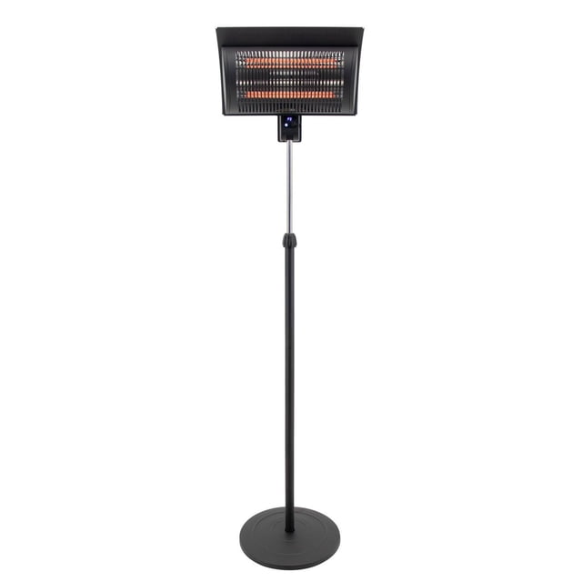 Westinghouse Infrared Electric Outdoor Heater - Pole Mounted with a black circular base and adjustable telescopic pole from 65 to 77 inches, featuring a rectangular heating element with dual orange infrared bulbs behind a black protective grille, designed for outdoor patio heating and suitable for directing heat in backyard or patio settings.