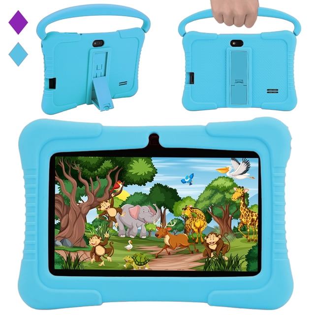 Veidoo Kids Tablet, 7-inch Android tablet PC with 2GB RAM and 32GB ROM, shown in blue with a durable silicone case featuring a handle and adjustable stand. The front display showcases a vibrant animal-themed illustration, while the back highlights the dual camera and textured grip. Designed for children, it includes parental control features, WiFi connectivity, a safety eye protection screen, and is ideal for educational use.
