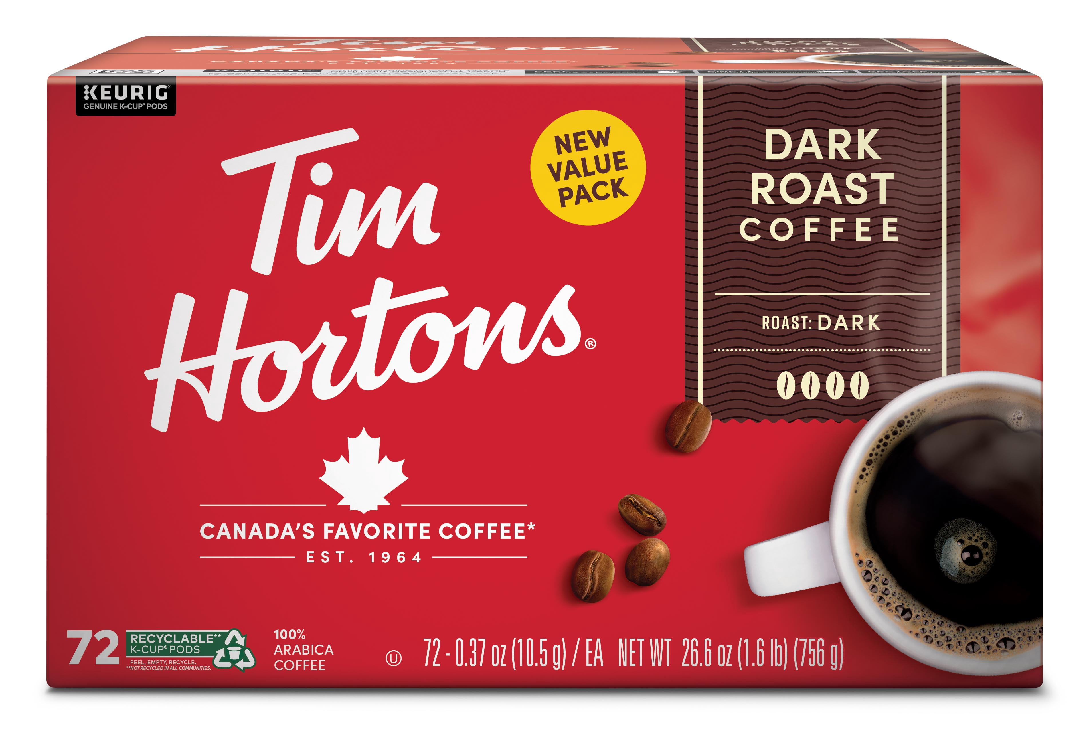 Tim Hortons Dark Roast K-Cup Coffee Pods for Keurig Brewers, Recyclable, 72 Ct