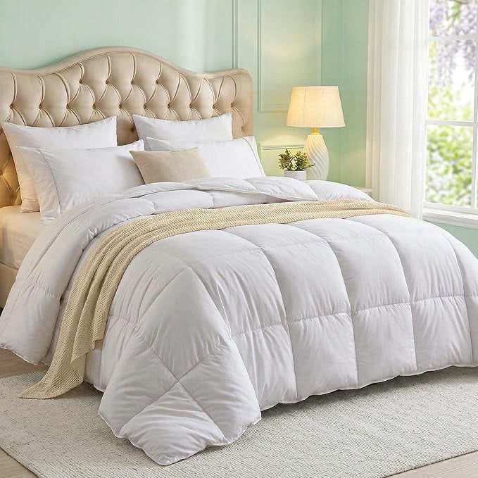 Beddora Queen Size Quilted Comforter White – Microfiber Down Alternative Duvet Insert, All Season Warmth, Box Stitched, Corner Tabs, Machine Washable
