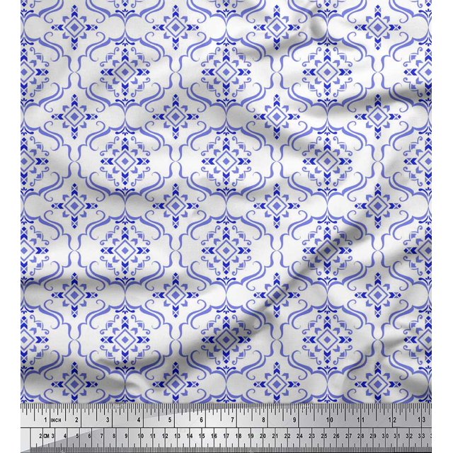 Soimoi Blue polyester Crepe Fabric Moroccan Damask Print Fabric by Yard 42 Inch Wide