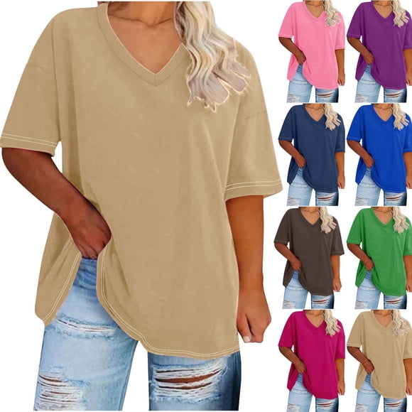 CFLVAEK Plus Size T Shirts for Women Loose Fit Short Sleeve Tshirts Solid Color Basic Tees Casual Summer V Neck Tshirt Vacation Goint Out T Shirt Pink XL