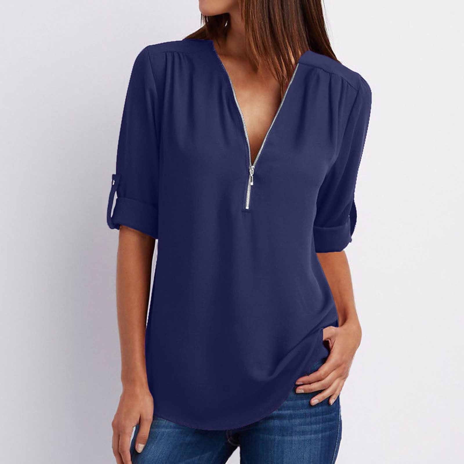 Vendredi Fou TIMIFIS Chemises à Manches Longues d'Automne pour Femmes, Mode d'Été pour Femmes, Tunique Décontractée à Fermeture Éclair, Col en V, Blouse à Manches Roulables, Hauts, Blouses pour Femmes