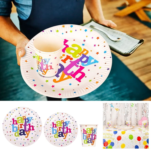 Penkiiy Birthday Party Party Disposable Paper Plates And Cups Colorful Balloons Tablecloth Camping Picnic Set