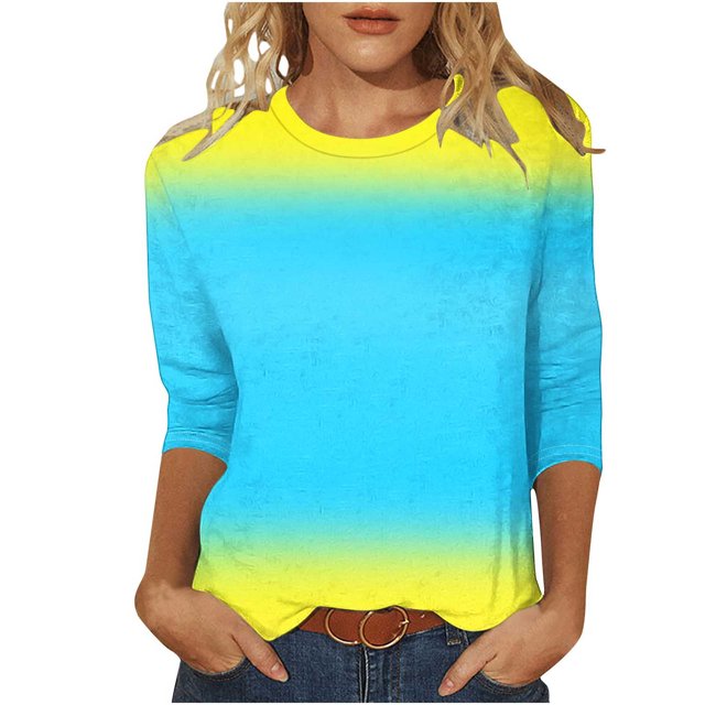 VSSSJ Hauts à Manches 3/4 pour Femmes Décontractés Tendance Imprimé Dégradé Manches Raglan Col Ras du Cou Coupe Décontractée Tunique Respirante T-Shirt Bleu Ciel TTG