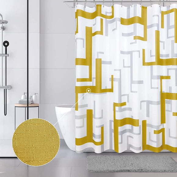 Rideau de Douche de Salle de Bain Or et Blanc 72 Pouces de Long Moderne Géométrique Jaune Gris Rideaux de Douche pour Salle de Bain Rideau de Douche en Tissu Jaune Moutarde et Blanc Hydrofuge Qualité Hôtel Lavable 72x72