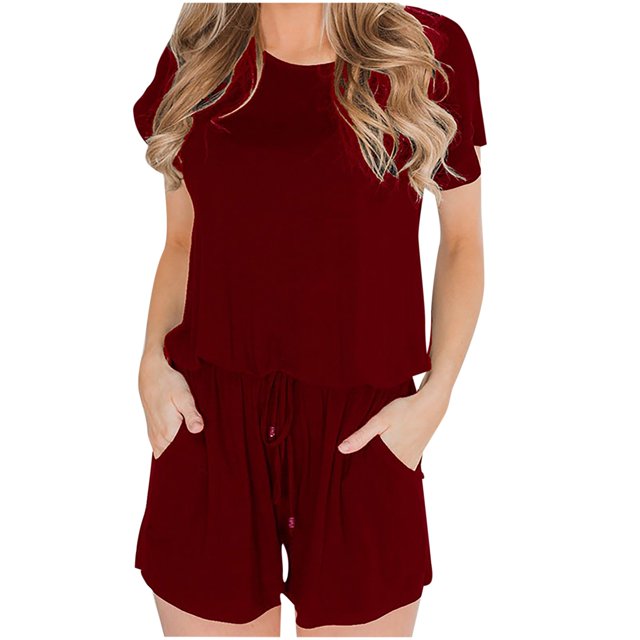 Fridja Woman's Summer Short Sleeve Solid Color Backless Casual Loose Jumpsuit