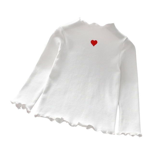 Girls Fall Shirts And Tops Baby Spring Heart Print Cotton Ruffle Long Sleeve Knitted Pullover White Casual Fall Tops for 6-7 Years